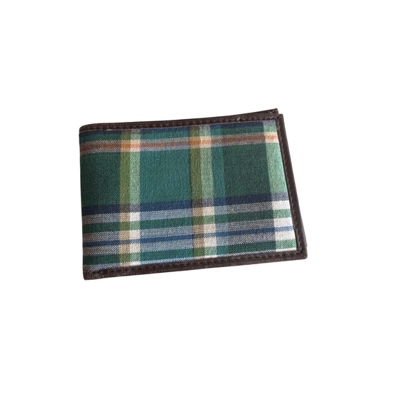 Unbranded Other - Bifold Wallet‎ Green Plaid Fabric Brown Genuine Leather 6 Card Slots